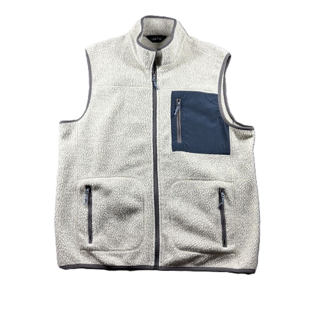 Orvis Men Fleece Vest Full Zip Pockets Preppy Gorpcore Outdoor Grey Navy Large